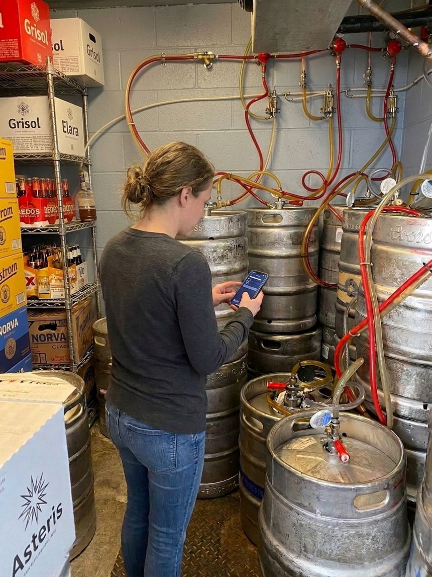 A bar manager counting kegs in a walk-in cooler using PourIQ on her phone.